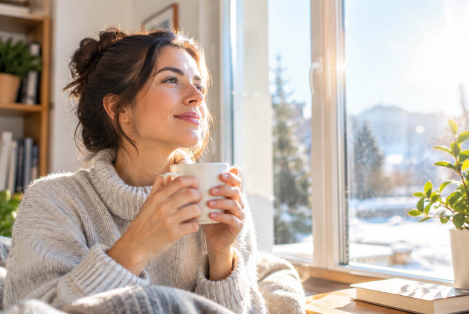 Personne profitant de la lumière naturelle près d’une fenêtre en hiver